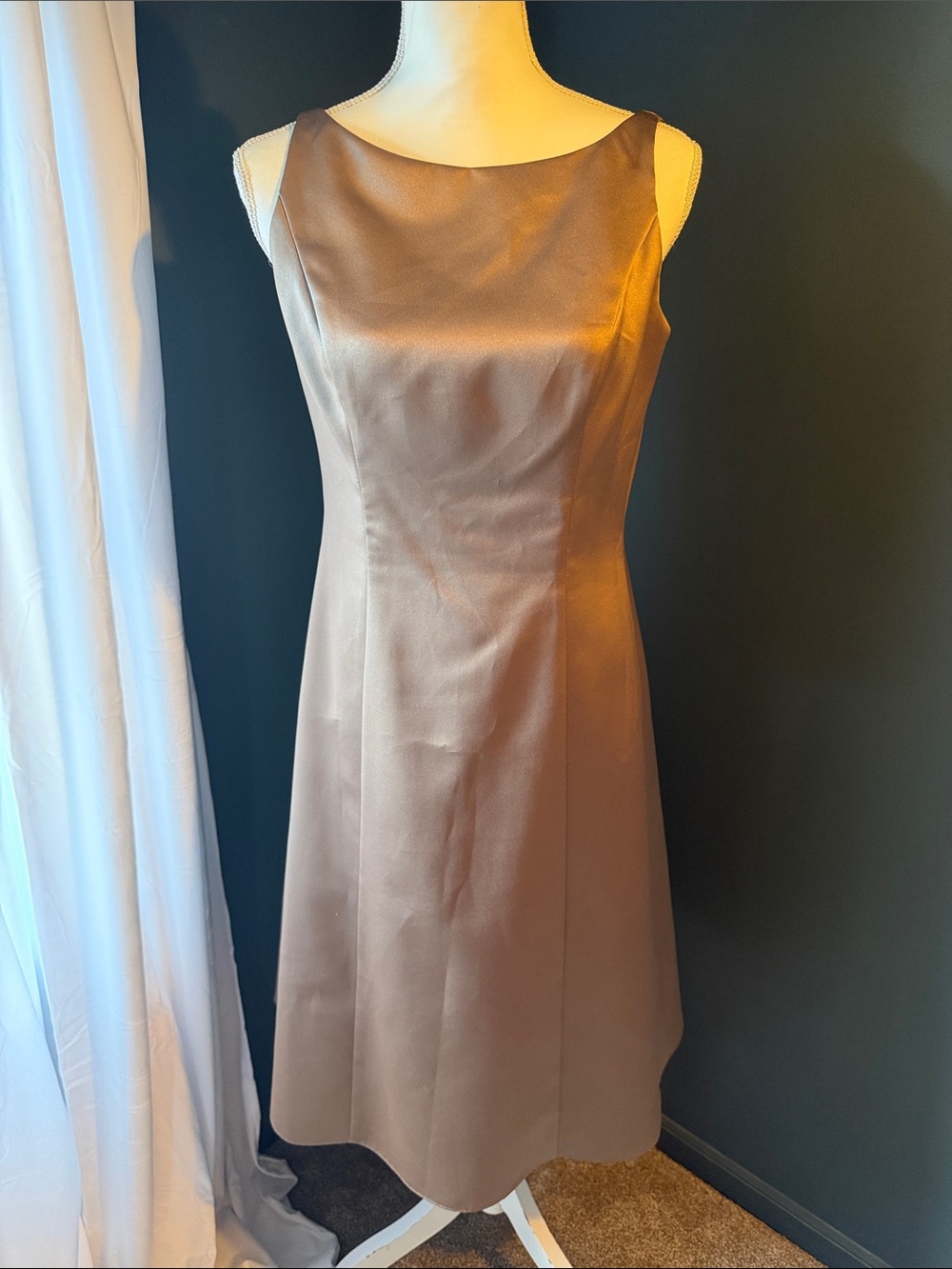 David's Bridal Brown Satin Scoop-Neck Midi Dress